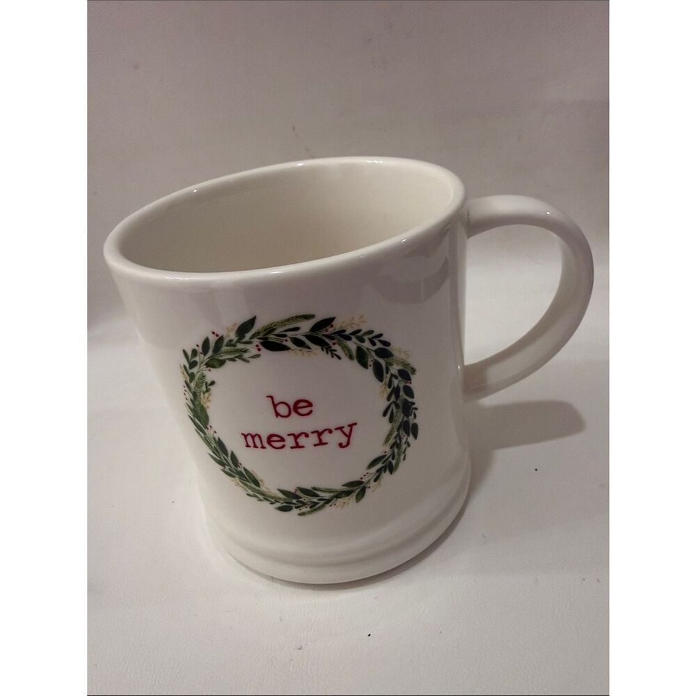 Threshold White Ceramic Mug Green Wreath  Red be merry Text 3 1/2 X 4 in tall